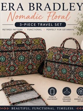 Vera Bradley Nomadic Floral 3 Pc Travel Set Duffel Weekender Hanging Organizer